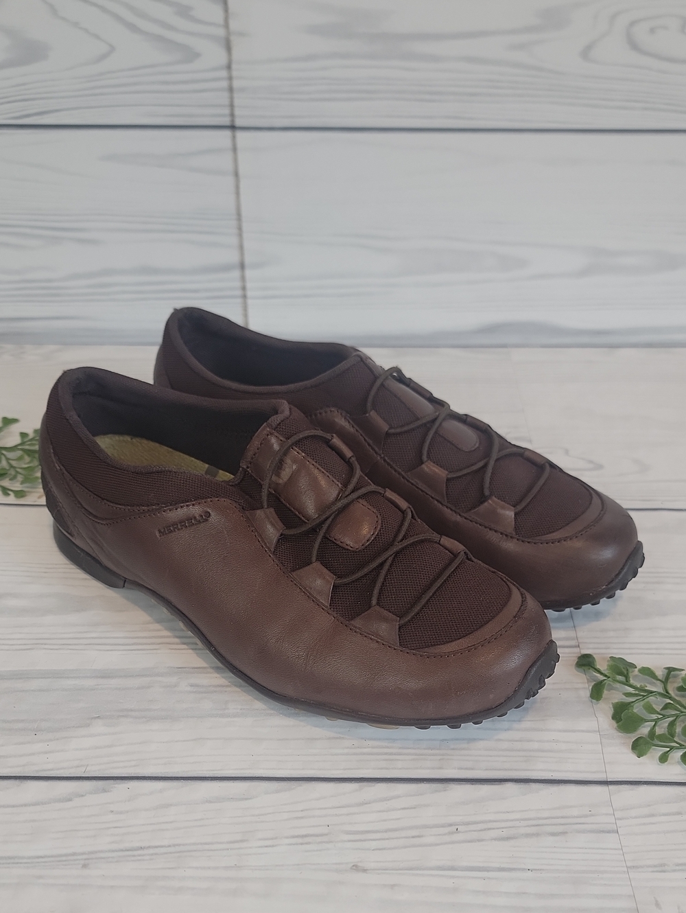 Merrell Mets Stretch Brown Leather & Textile Slip-On Loafers Womens Size 8.5